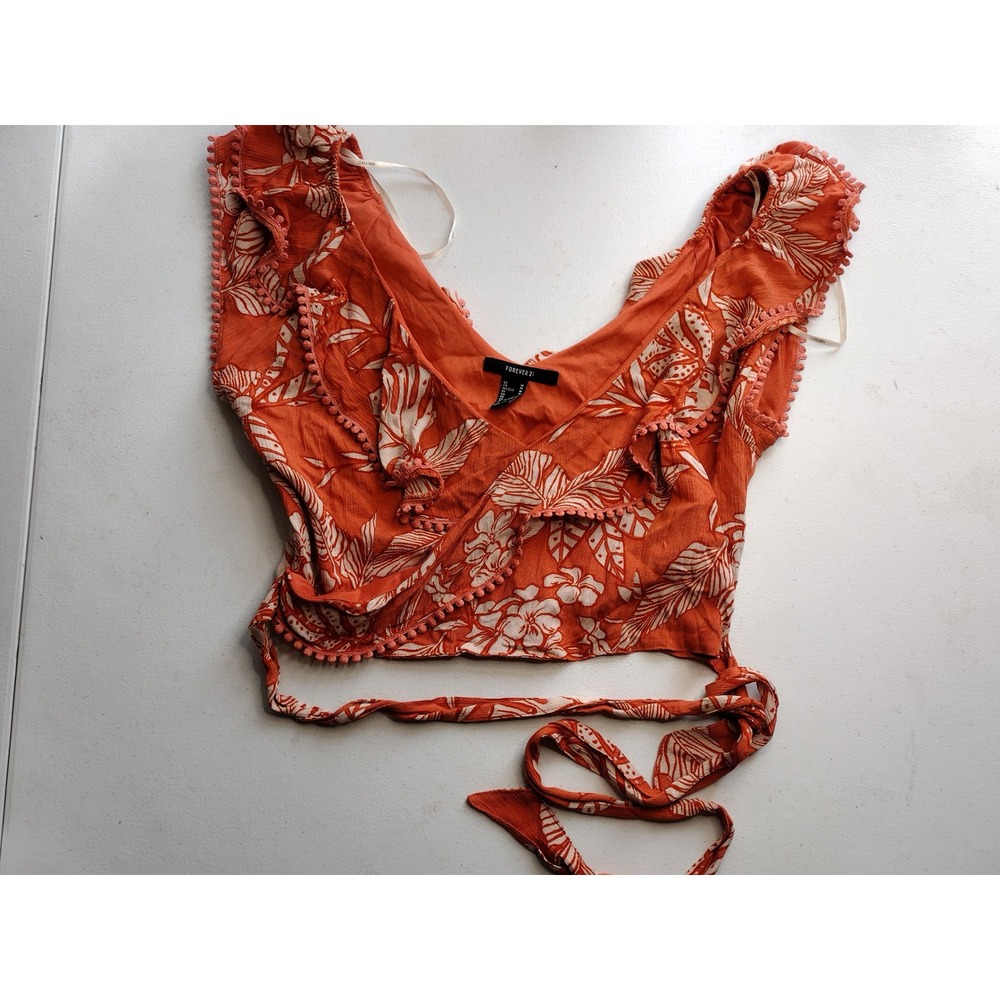 FOREVER 21 Orange Floral‎ Wrap Crop Top Ruffle Pom Pom Tie Waist M